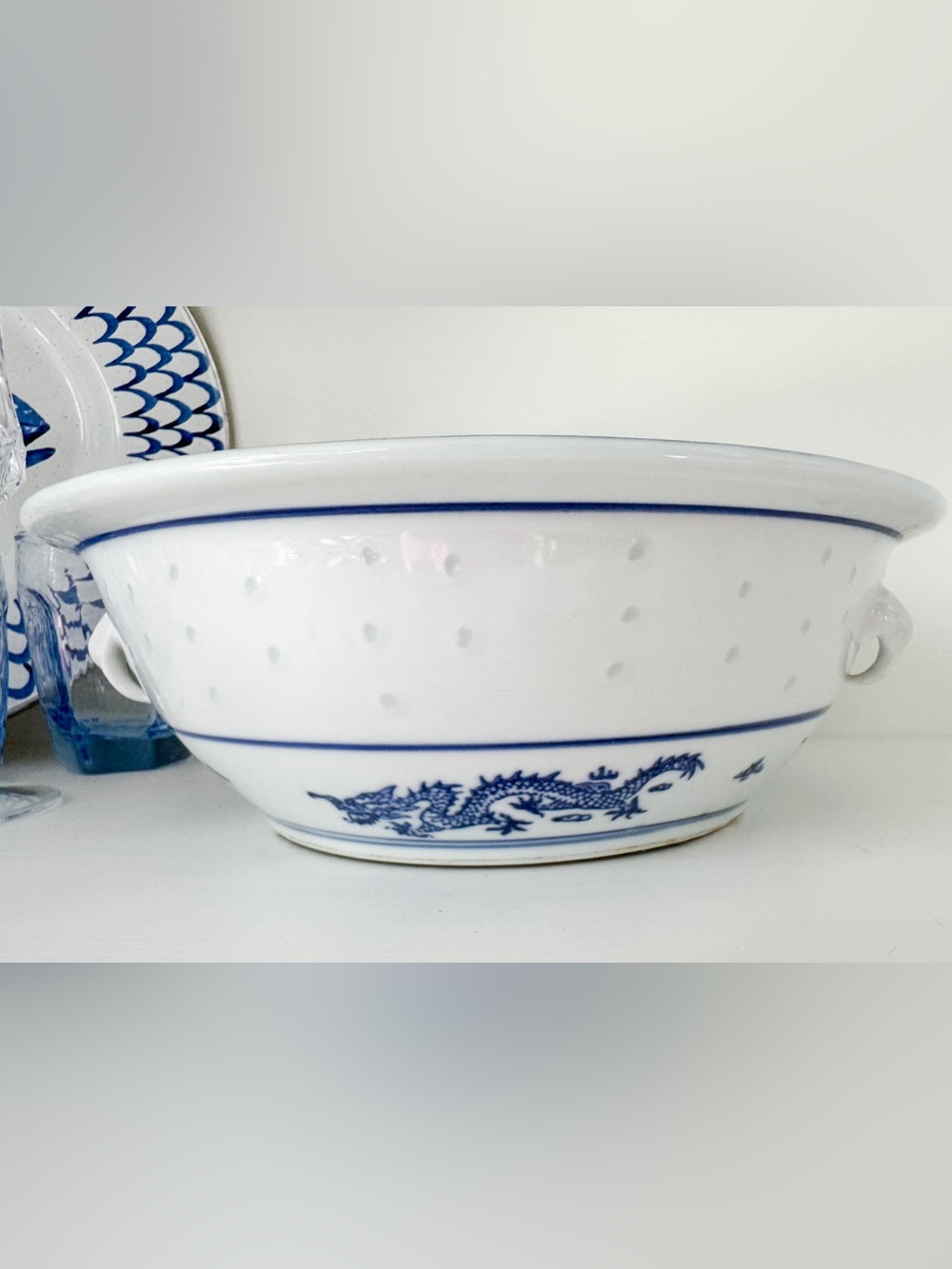 Blue and White Rice Serving Bowl with Dragon Design